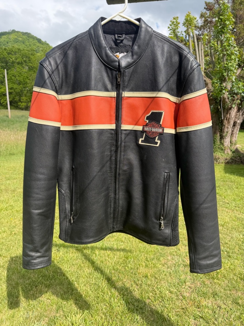 Harley-Davidson Black Leather Bomber with Orange and Cream Stripes